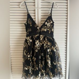 EXPRESS black mini dress with silver and gold floral